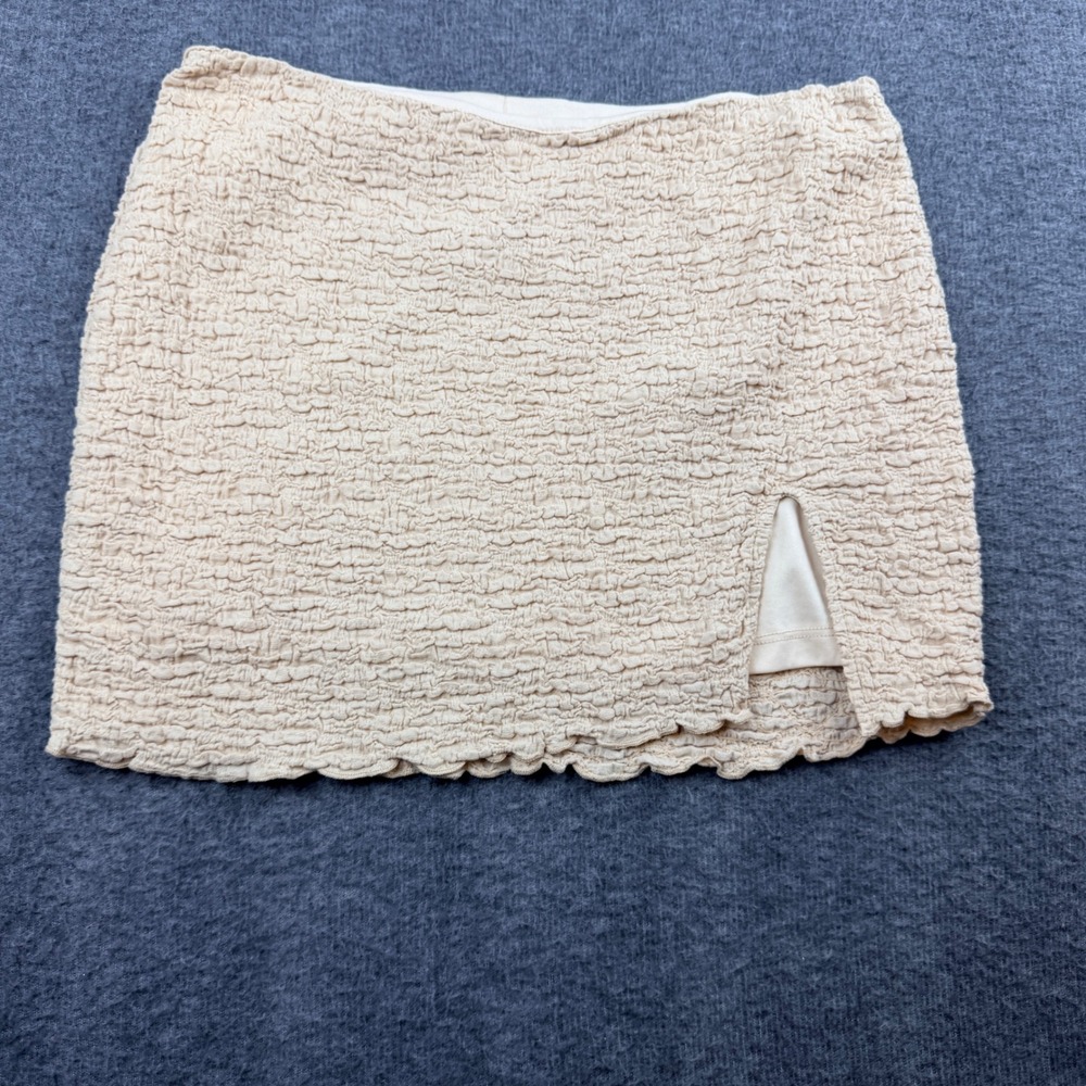 American Threads Mini Skirt Womens Medium Beige Crinkle Popcorn Side Slit Lined